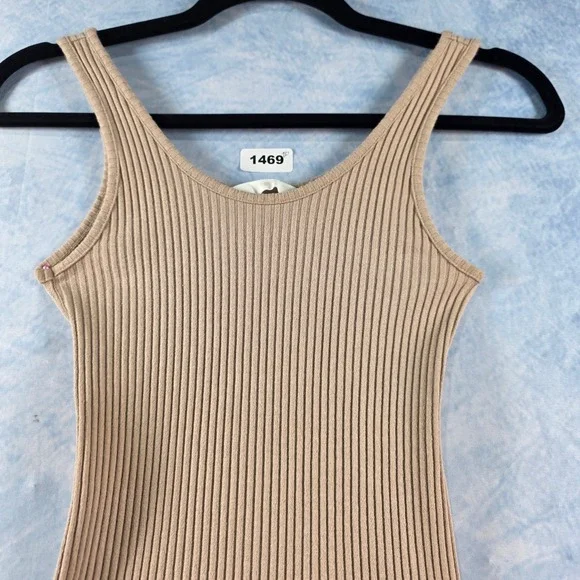 HM Ribbed Knit Midi Dress Tan Beige Sleeveless Bodycon Scoop Neck XS - Picture 5 of 8